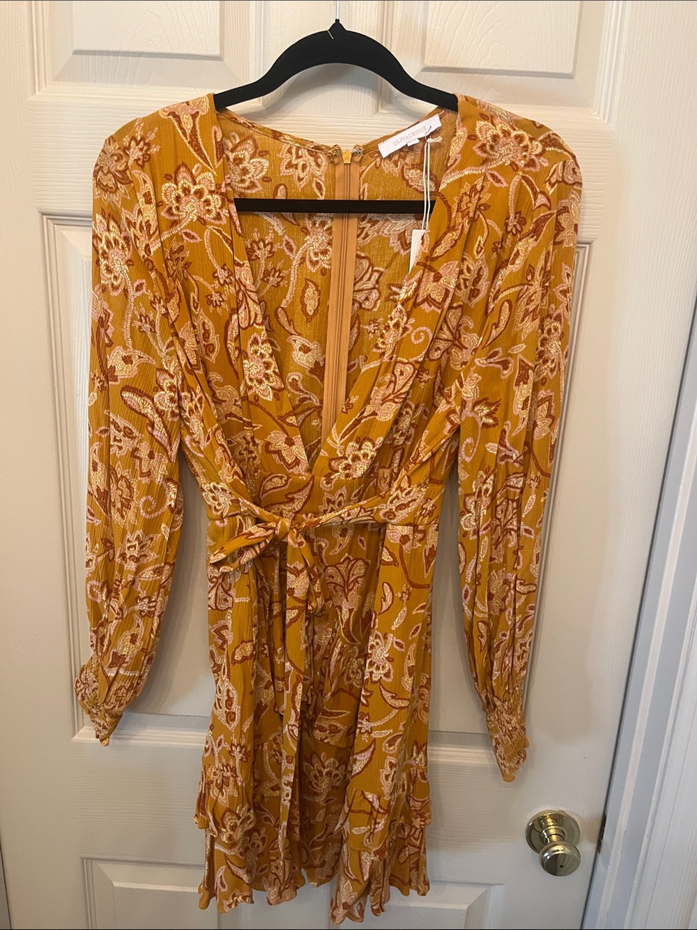 Olivaceous Mustard Floral Long-Sleeve Wrap Dress